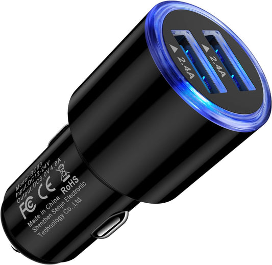 Car Charger Adapter, 4.8A Dual Port Cigarette Lighter USB Charger, Fast Car Phone Charger with Blue LED for Iphone 15/14/13, Galaxy S24/S23/S22/A55/A54/A15/A14, Ipad Pro/Air, Navigators, Car Recorders