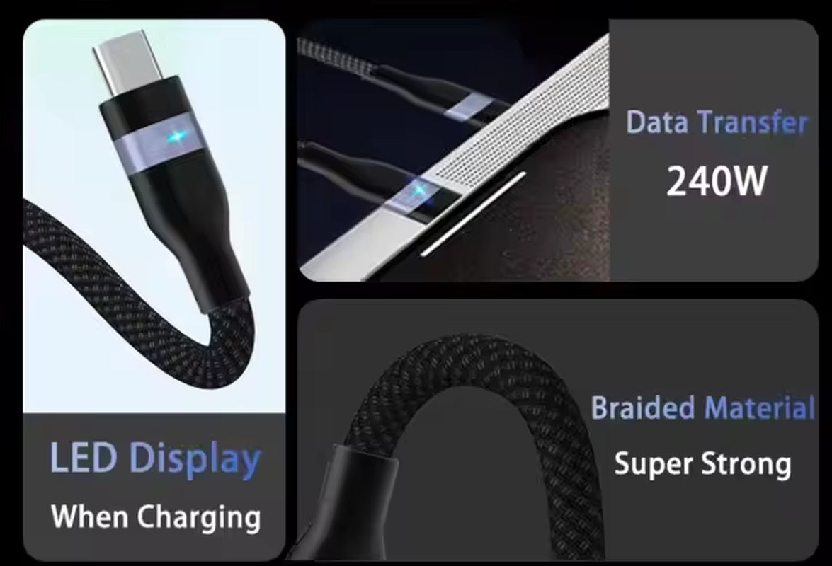 OEM Fast Charging PD 240W 65W Type C to Type C LED Fast Nylon Braided Data Cable 5A USB-C Charger Cable for Samsung