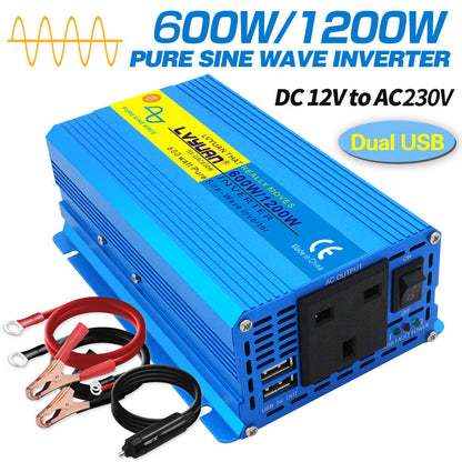 Car 600W 1200W 12V to 230V Pure Sine Wave Power Inverter Converter 2USB Camping