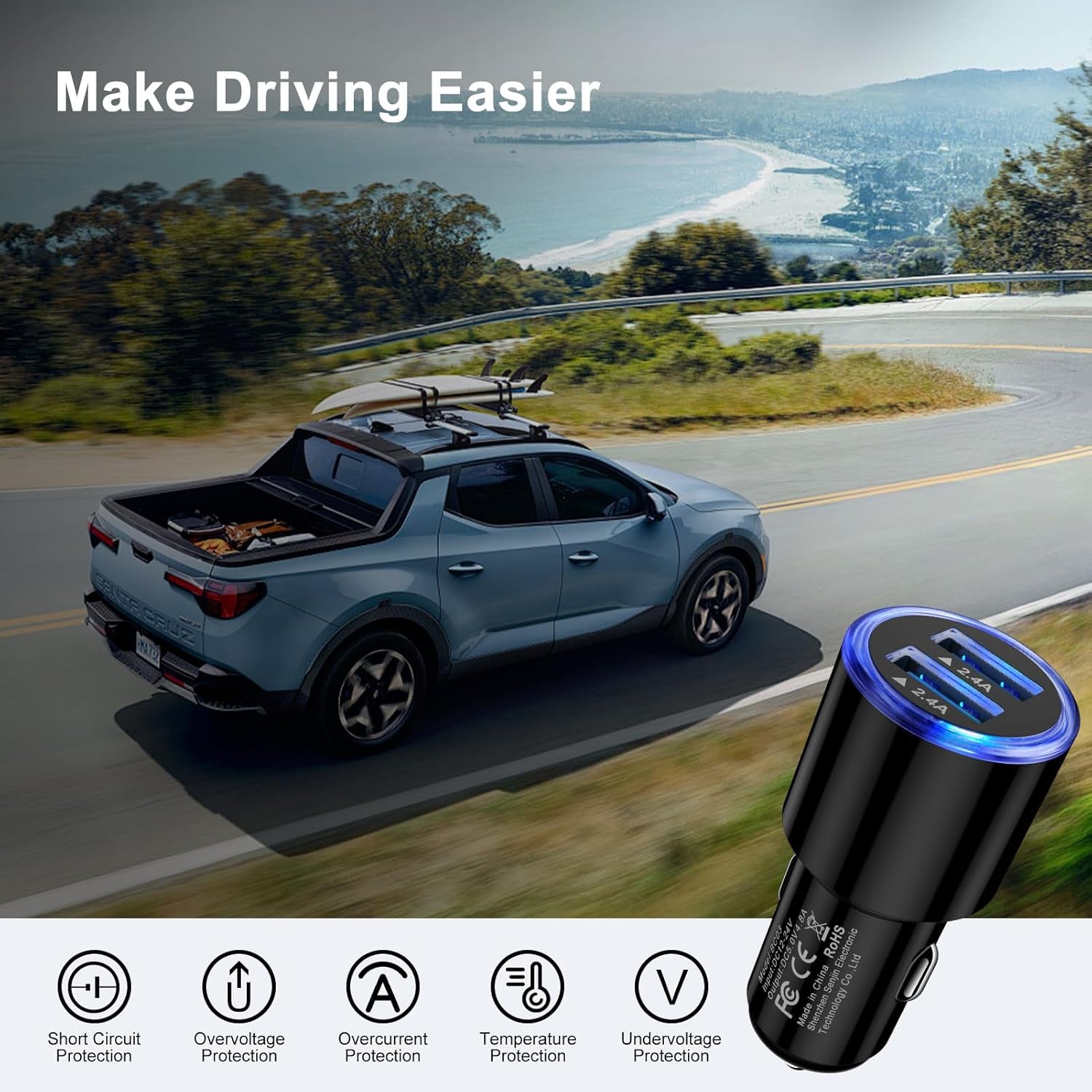 Car Charger Adapter, 4.8A Dual Port Cigarette Lighter USB Charger, Fast Car Phone Charger with Blue LED for Iphone 15/14/13, Galaxy S24/S23/S22/A55/A54/A15/A14, Ipad Pro/Air, Navigators, Car Recorders