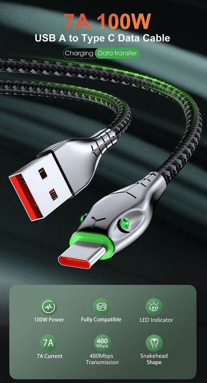 USB a to Type C Cable 7A 100W Fast Charger Braided Long Lead 0.25M 1M 2M 3M