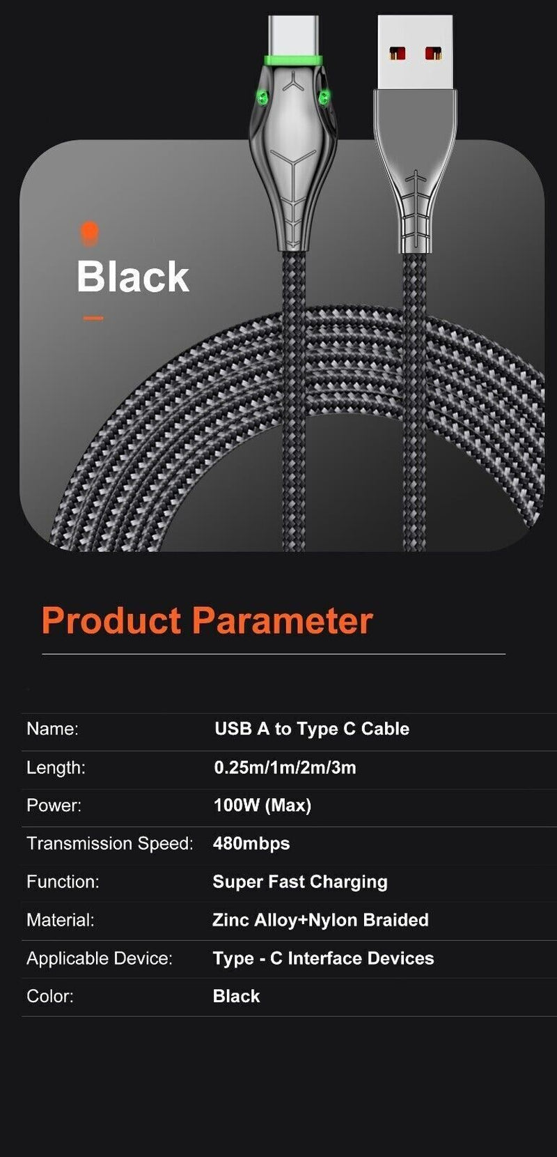 USB a to Type C Cable 7A 100W Fast Charger Braided Long Lead 0.25M 1M 2M 3M